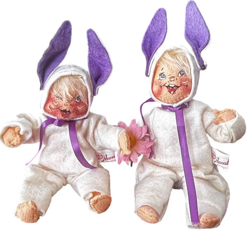 Vintage 1989 Annalee Mobilitee Bunny‎ Baby Dolls Set of 2 White Purple Easter 7